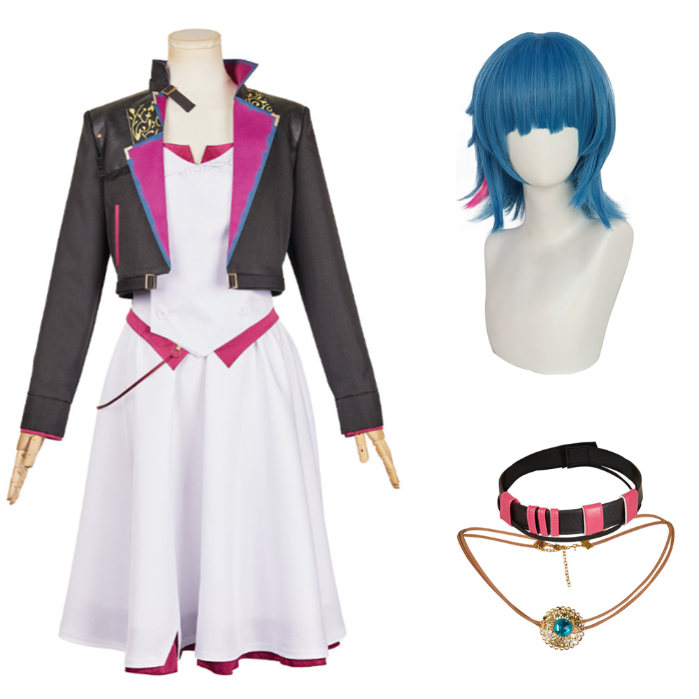 Adulte Arcane: League of Legends Saison 2(2024) Powder/Jinx Robe Blanche Cosplay Costume Perruque Collier