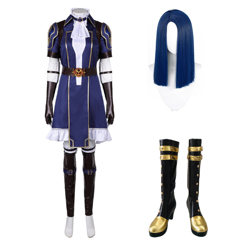 Arcane: League of Legends Saison 2(2024) Caitlyn Tenue Bleue à Manches Courtes Cosplay Costume Perruque Chaussures