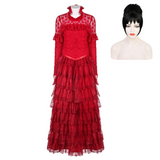 Beetlejuice 1988 Lydia Deetz Robe Rouge Cosplay Costume Perruque