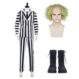 Beetlejuice Adam Rayures Noires et Blanches Halloween Carnaval Cosplay Costume Perruque Chaussures