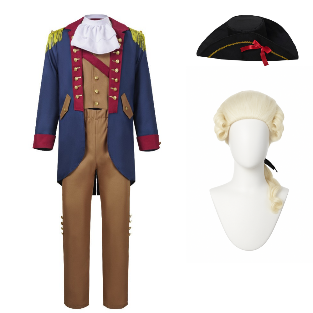 Cosplay Costume George Washington Tenue Président Bleue avec Chapeau Perruque