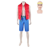Cosplay Costume Raww Forgotten Island(2026) Film Cosplay Gilet Rouge+Short Bleu Homme Bandeau