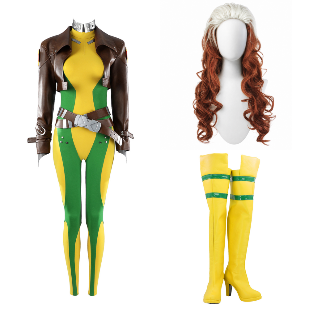 Cosplay Costume Rogue Jeu Cosplay Combinaison Verte et Jaune Femme Perruque Chaussures