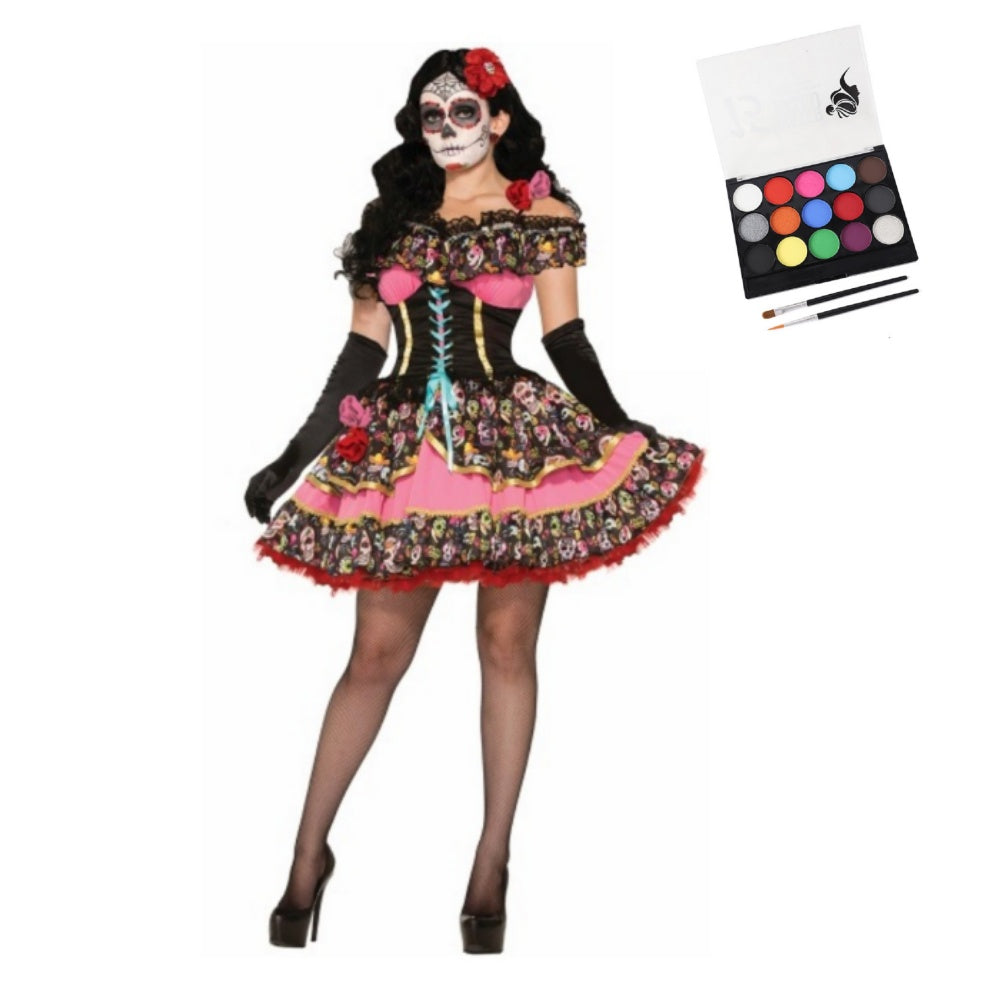 Déguisement Catrina Femme Robe Rose à Motif Crâne 3-Pièces pour Le Jour des Morts Maquillage Scénique