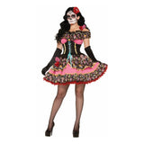 Déguisement Catrina Femme Robe Rose à Motif Crâne 3-Pièces pour Le Jour des Morts