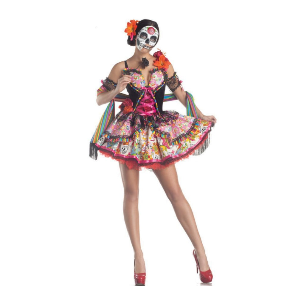 Déguisement Catrina Femme Robe Rose à Motif Crâne 4-Pièces pour Le Jour des Morts