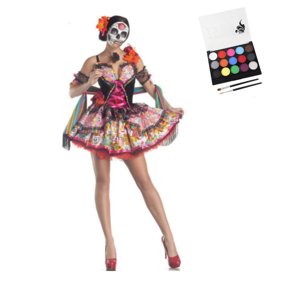 Déguisement Catrina Femme Robe Rose à Motif Crâne 4-Pièces pour Le Jour des Morts Maquillage Scénique