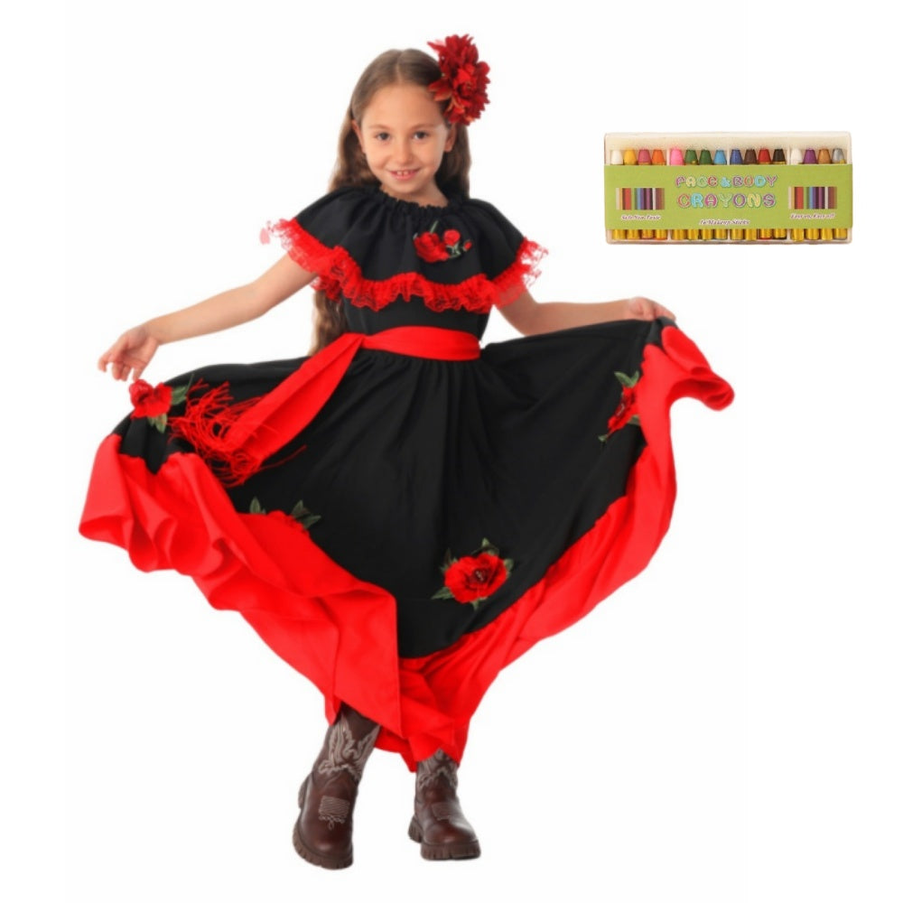 Déguisement Catrina Fille Robe Noire avec Motif Rose Rouge pour Le Jour des Morts Mexicain_crayons