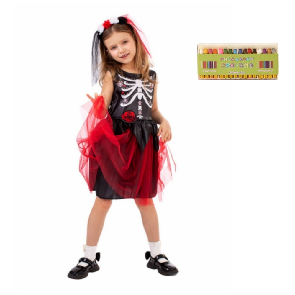 Déguisement Catrina Fille Robe en Tulle Noire et Rouge pour Le Jour des Morts crayons