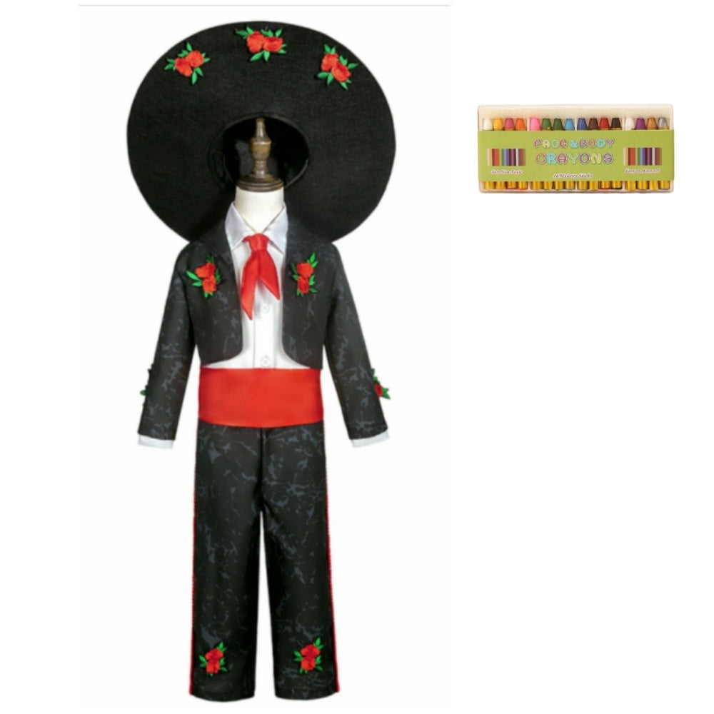 Déguisement Catrina Garçon Gentleman Tenue Noire avec Motif Rose pour Le Jour des Morts Mexicain Crayons