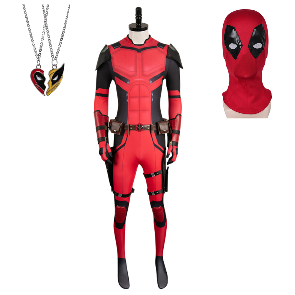 Deadpool & Wolverine(2024) Deadpool Wade Wilson Combinaison Rouge Cosplay Costume Masque Collier