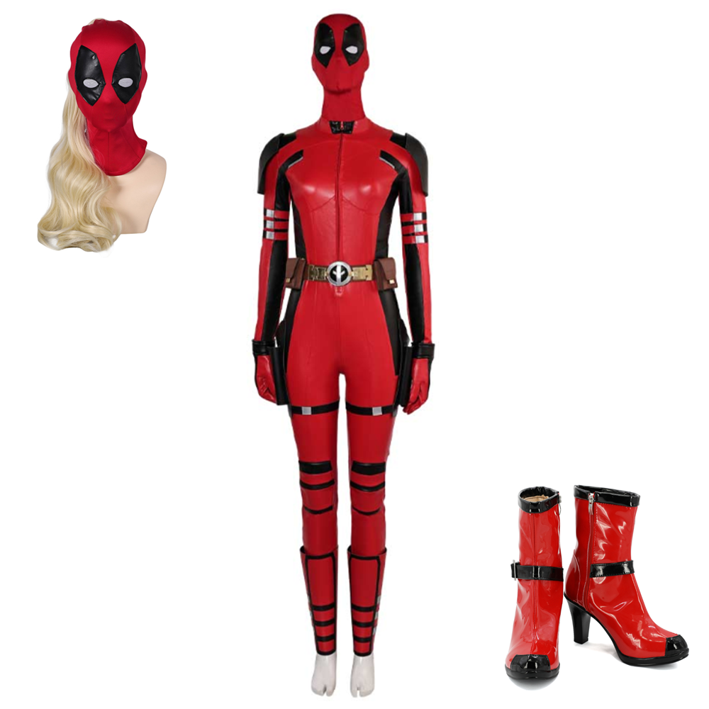 Femme Deadpool & Wolverine(2024) Deadpool Wade Wilson Combinaison Rouge Cosplay Costume Masque Chaussures