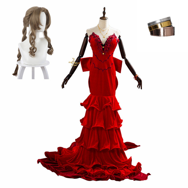 Final Fantasy VII Remake FF7 Aerith Aeris Gainsborough Robe Rouge Cosplay Costume Perruque Bracelt