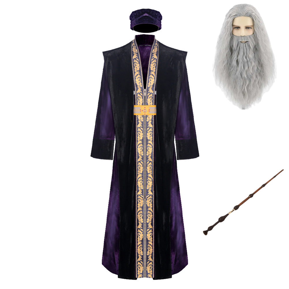 Harry Potter Professeur Albus Dumbledore Tenue Cosplay Costume Perruque Baguette