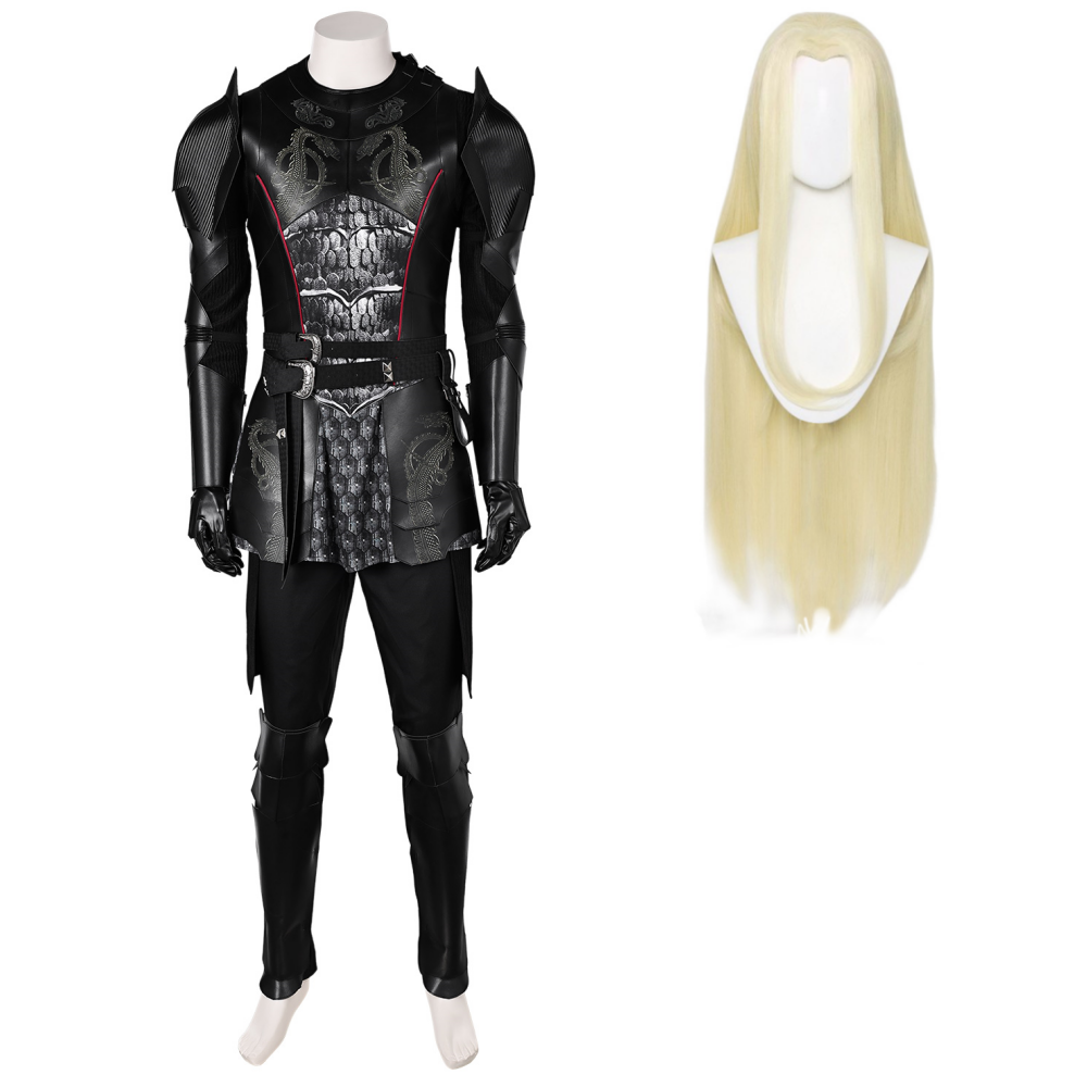 House of The Dragon Daemon Targaryen Combattant Tenue Noire Vintage Cosplay Costume Médiéval Perruque