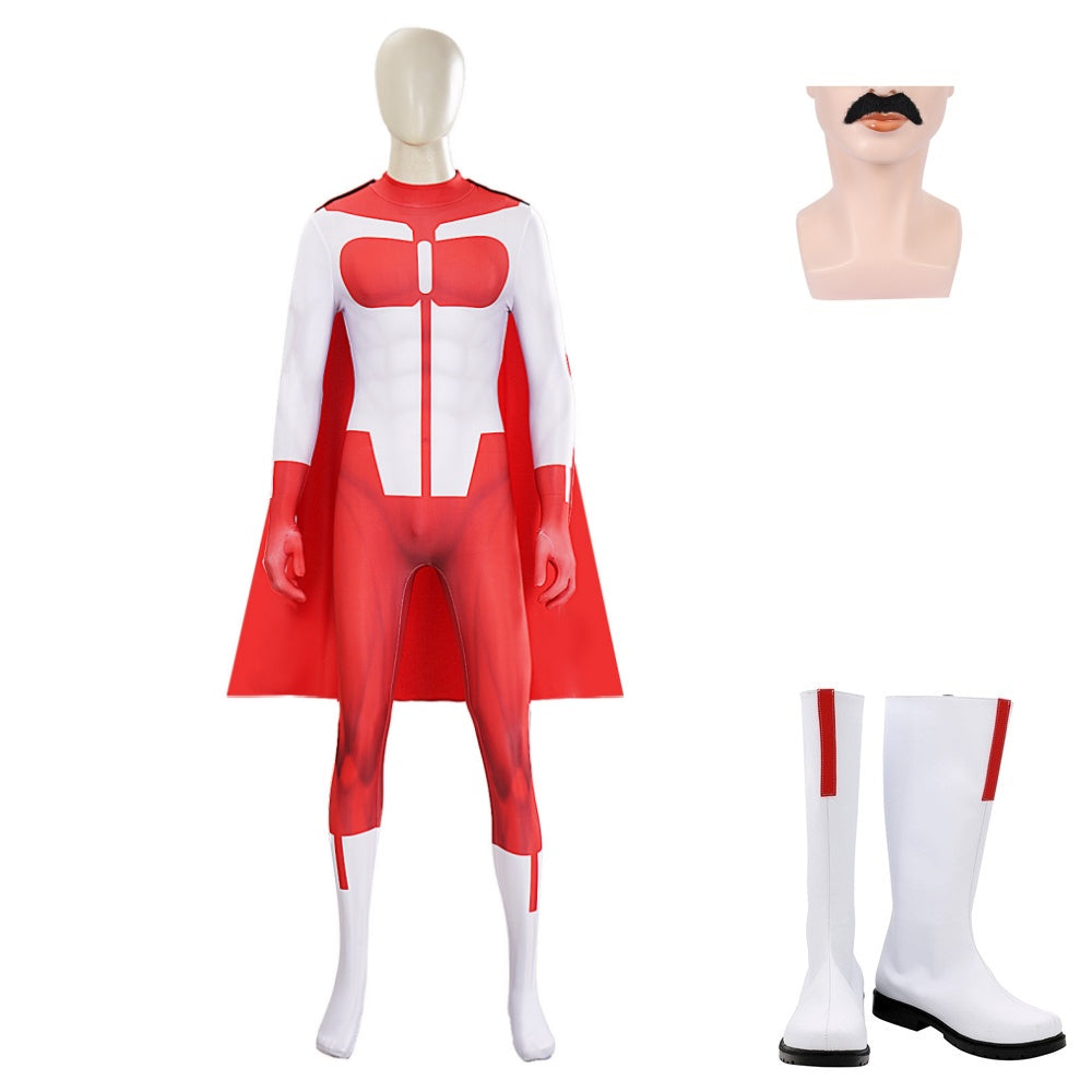Invincible Saison 3(2025) Omni-Man Nolan Tenue Rouge et Blanche Cosplay Costume Barbe Chaussures 10
