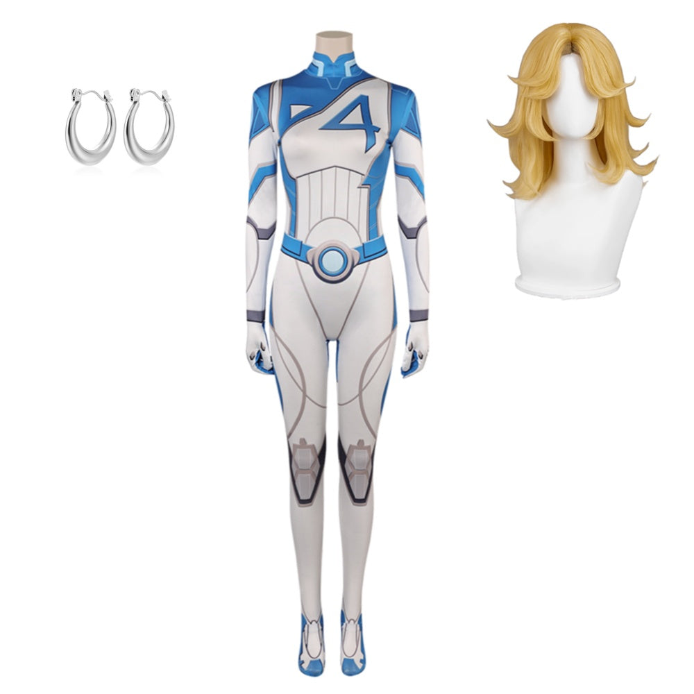 Invisible Woman Susan Storm Combinaison Bleue et Blanche Cosplay Costume Perruque Boucle d'Oreille