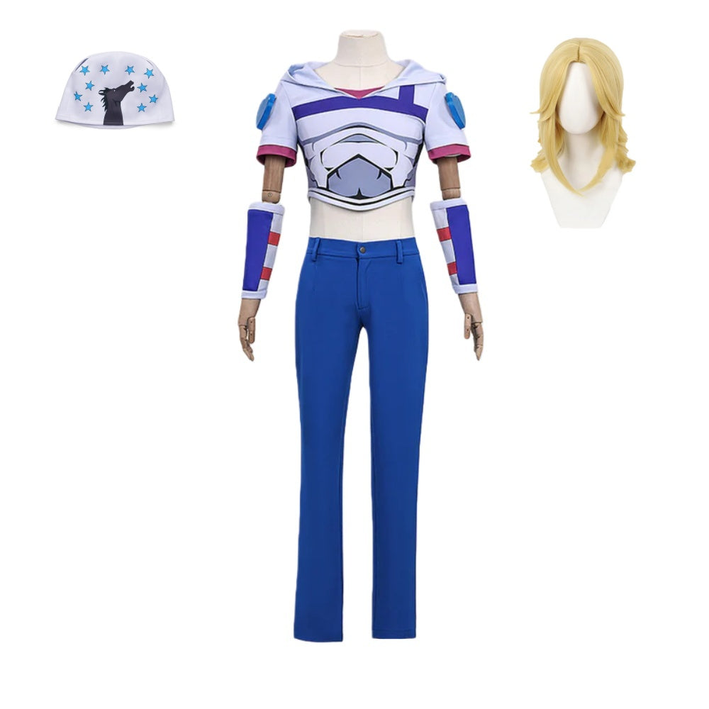 JoJo’s Bizarre Adventure Johnny Joestar Tenue Blanche et Bleue Cosplay Costume Perruque