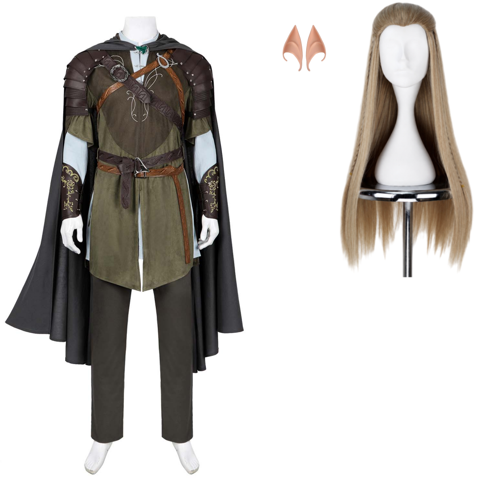 The Lord of The Rings Legolas Tenue Verte de Luxe Cosplay Costume Perruque Oreilles