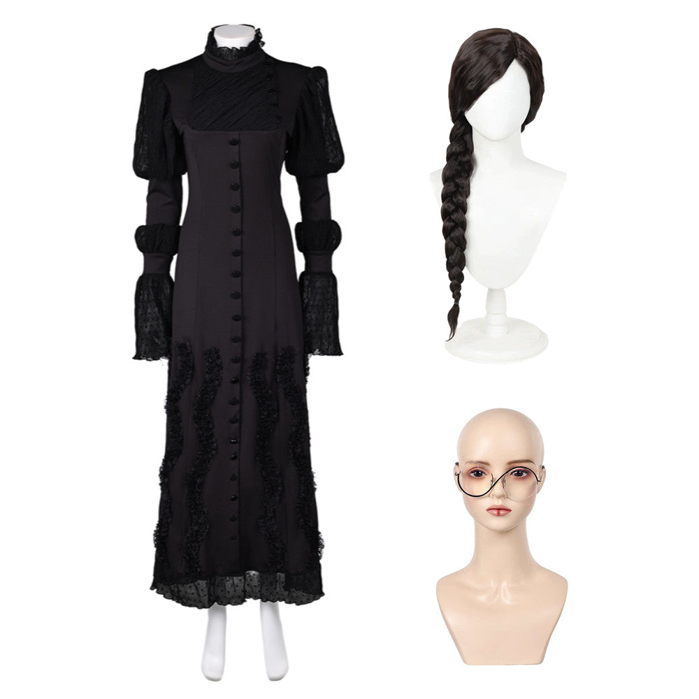 Wicked(2024) Elphaba Robe Noire à Manches Bouffantes Cosplay Costume Perruque Lunettes