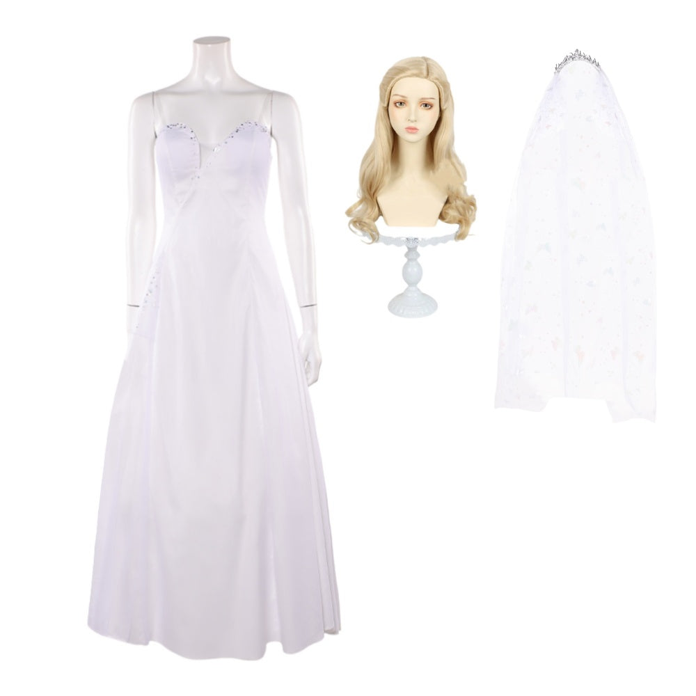 Wicked: For Good(2025) Glinda Robe Blanche sans Bretelles Cosplay Costume Perruque Voile