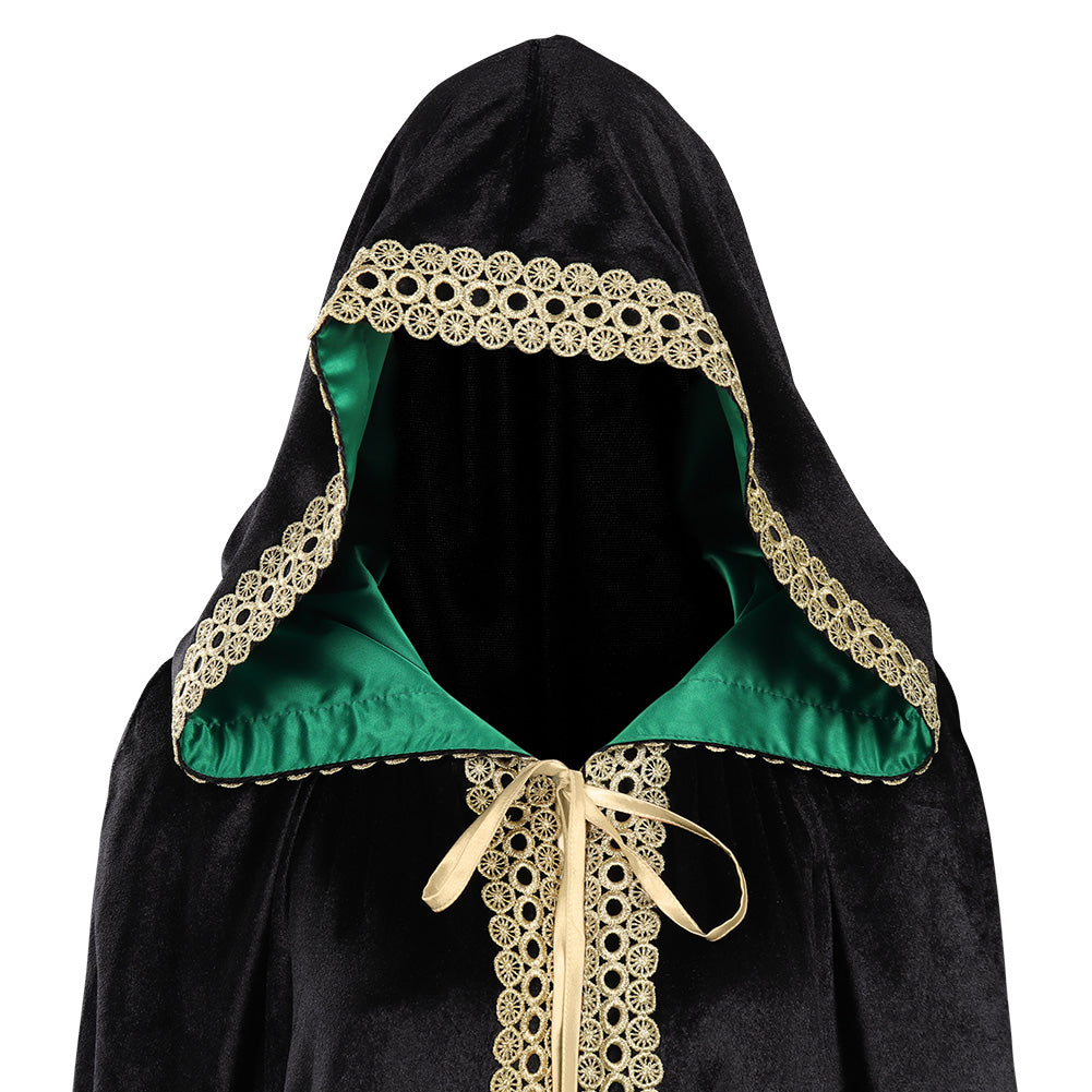 Costume Sorcière Femme Avec Cape Velours Capuche - Déguisement Halloween, Elfe, Vampire (vert, Taille XL)