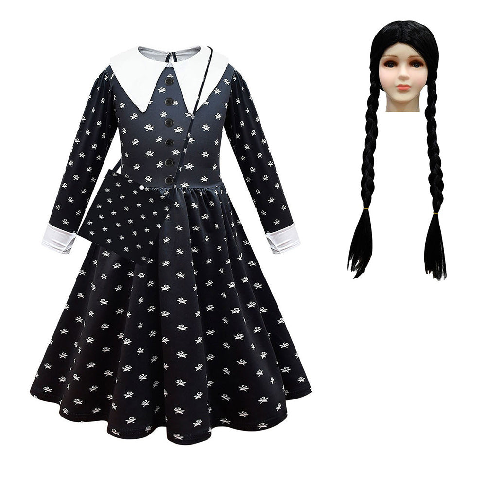 Enfant Wednesday Addams Robe Perruque Cosplay Costume Carnaval